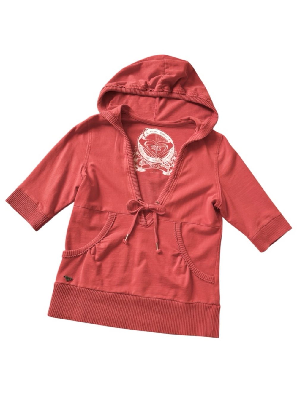 Roxy Short Sleeve Hoodie Burnt Orange Pockets V Neck Size M